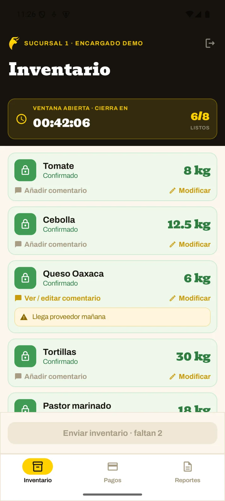 Captura de inventario con ventana abierta (datos de ejemplo)