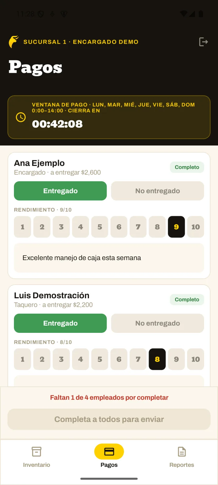 Envío de nómina del encargado (datos de ejemplo)