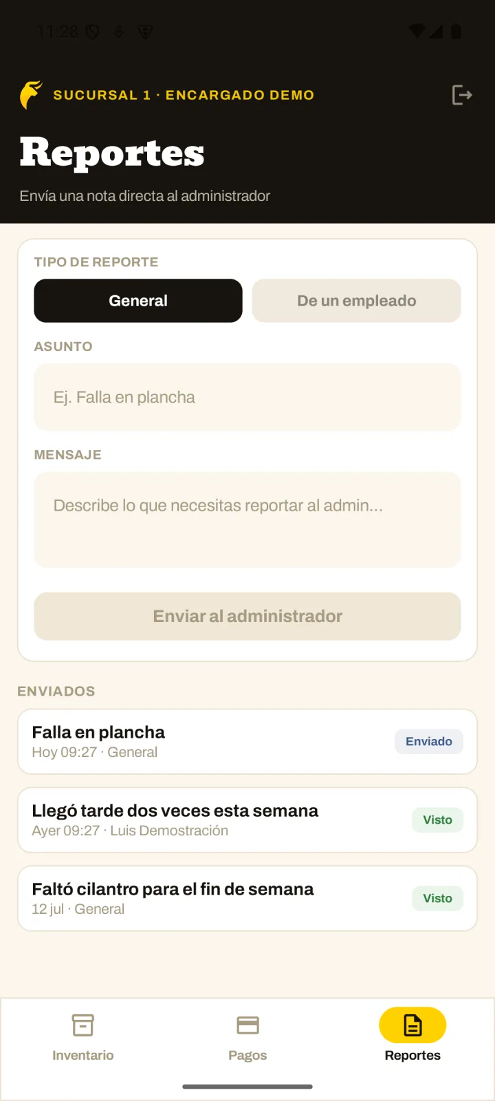 Reportes al dueño (datos de ejemplo)