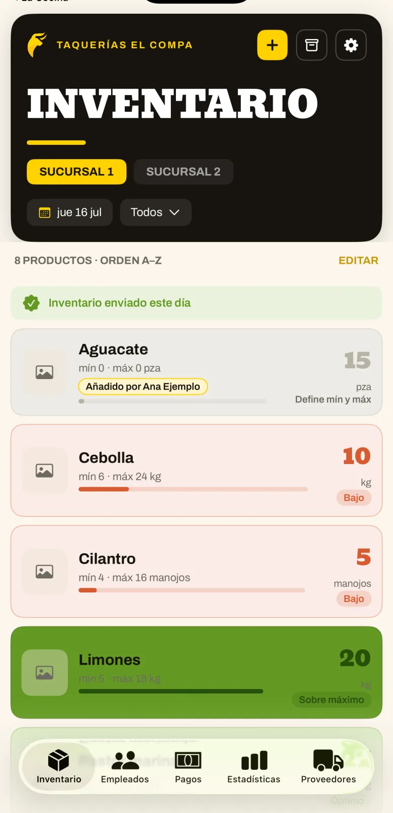 Inventario con semáforo de El Compa Admin (datos de ejemplo)