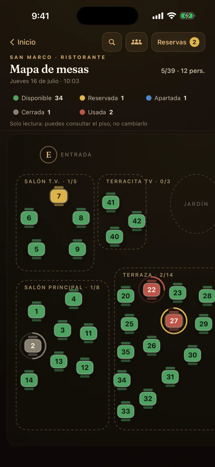 Mapa de mesas en vivo del panel de gestión