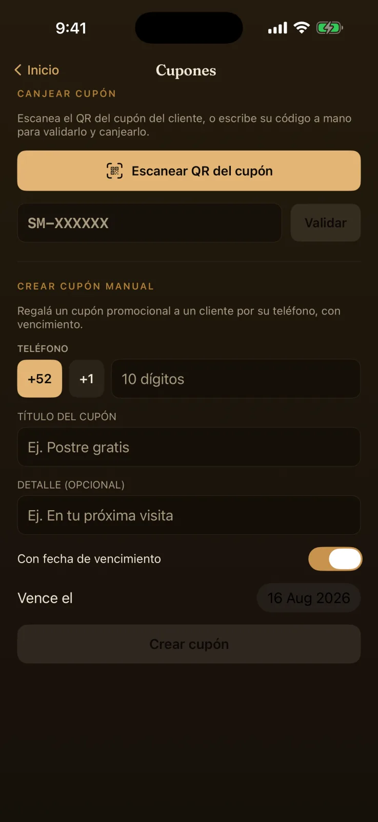 Cupones del panel de gestión